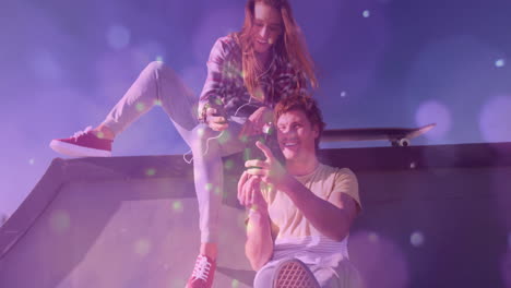 two friends streaming music on smartphone with animated skateboard icon on ramp in tech marketing