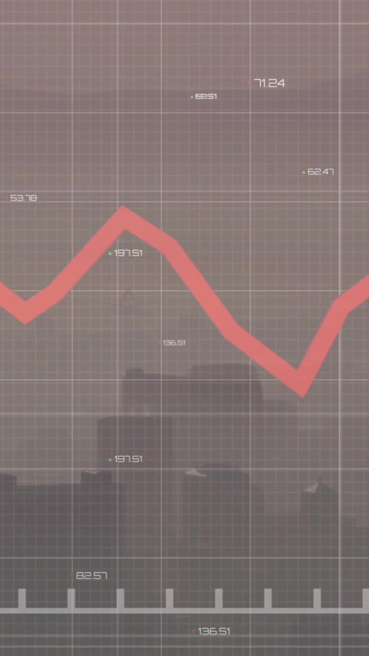 Animation of red graph processing data over misty cityscape