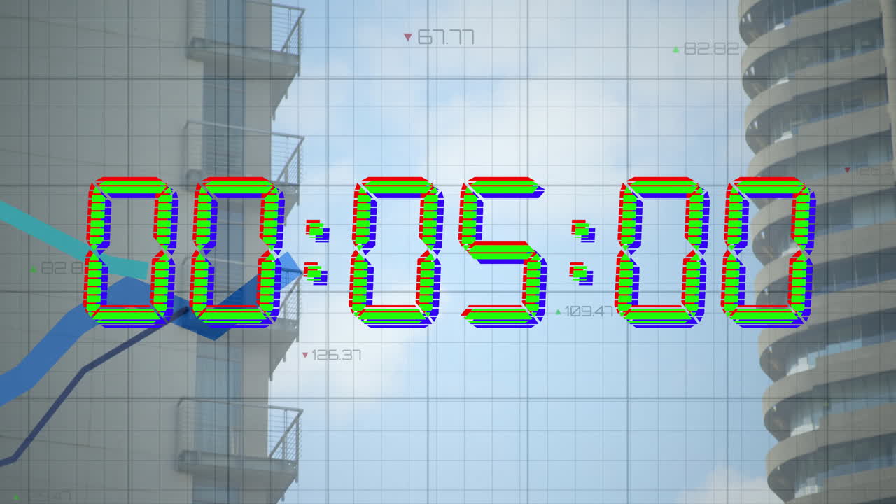 animación del procesamiento de datos financieros sobre el temporizador y la ciudad