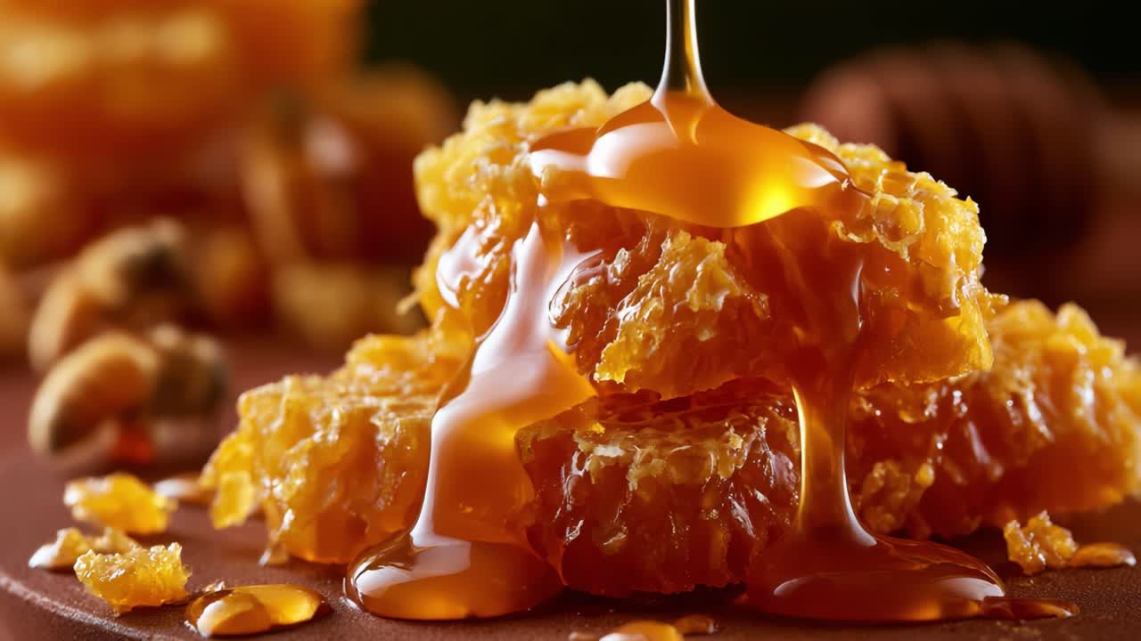 Delizioso Miele che Cola da un Favo Naturale, Mostrando la Sua Consistenza Dorata e la Sua Dolcezza, Perfetto per Delizie Culinarie e Benefici per la Salute
