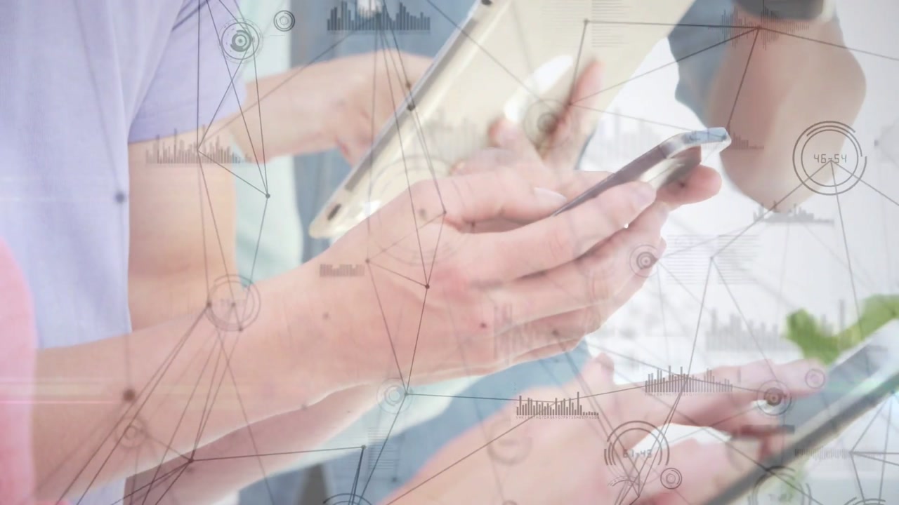 Team tapping tablets and phones, swiping, showing tech charts for work while camera zooming closer