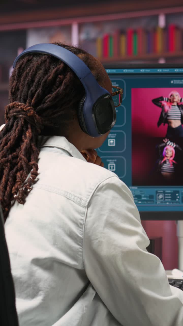 Vertical video Woman in home office using AI software turning text prompt into photos