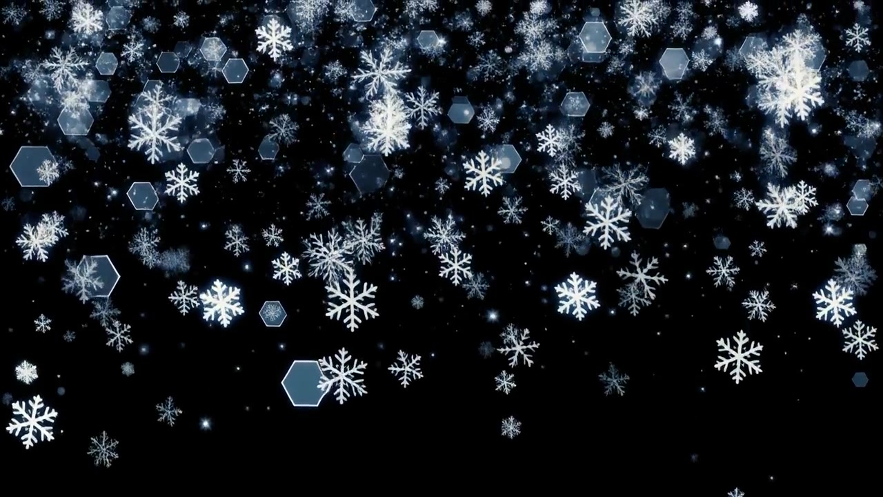 Fallende snøflak og heksagonale bokeh-partikler på svart bakgrunn
