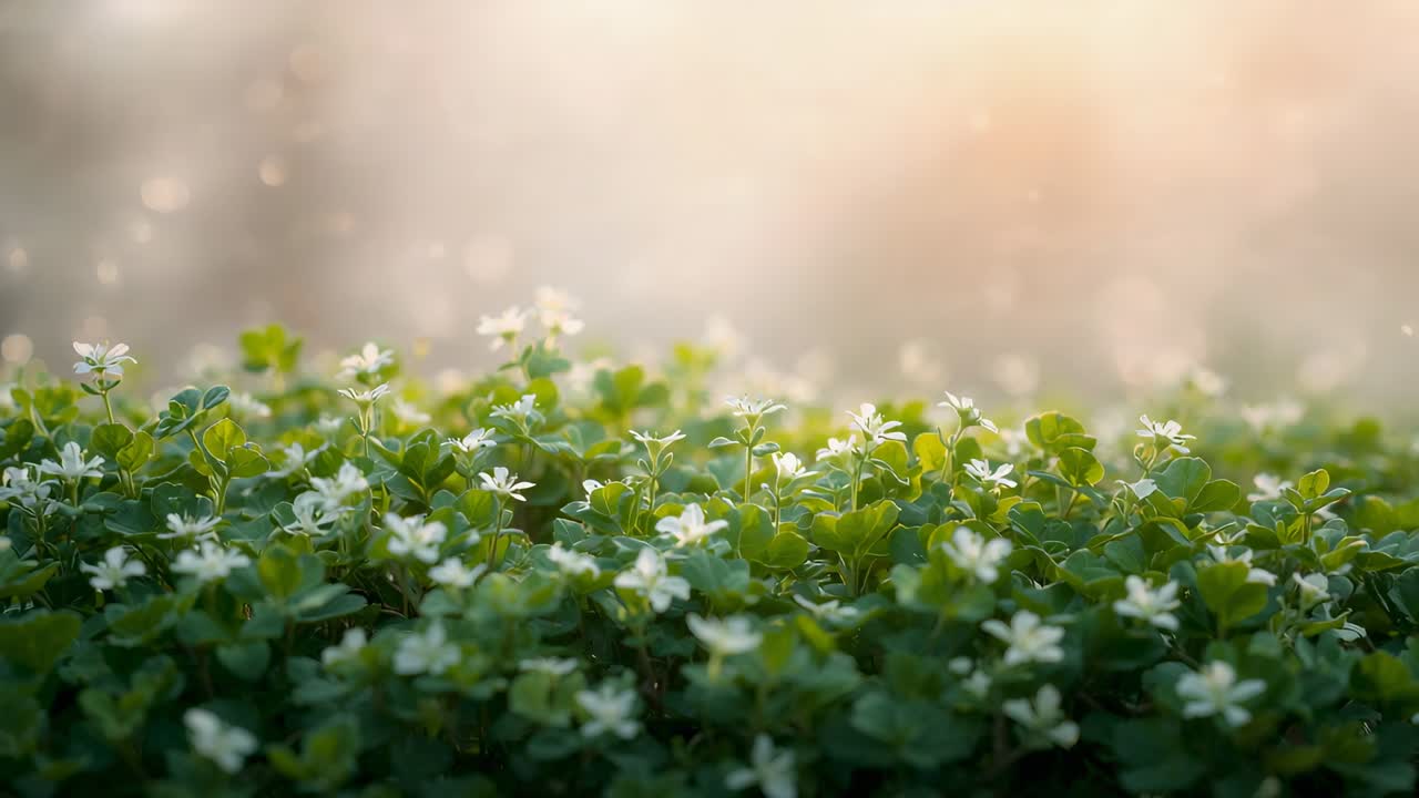 そよ風に揺れる地被植物が、露に濡れた葉の庭の縁で小さな白い花を咲かせている。