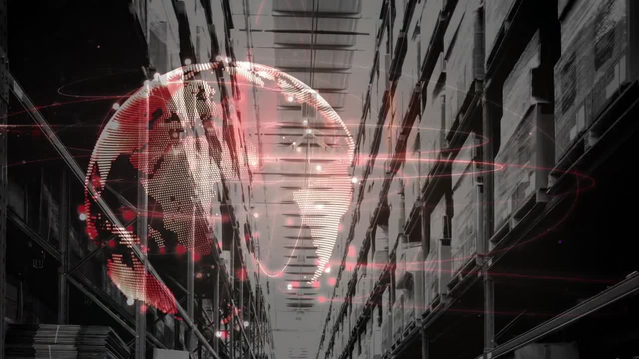 анимация сети соединений над полками на складе