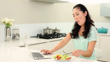 pretty woman using laptop and eating salad