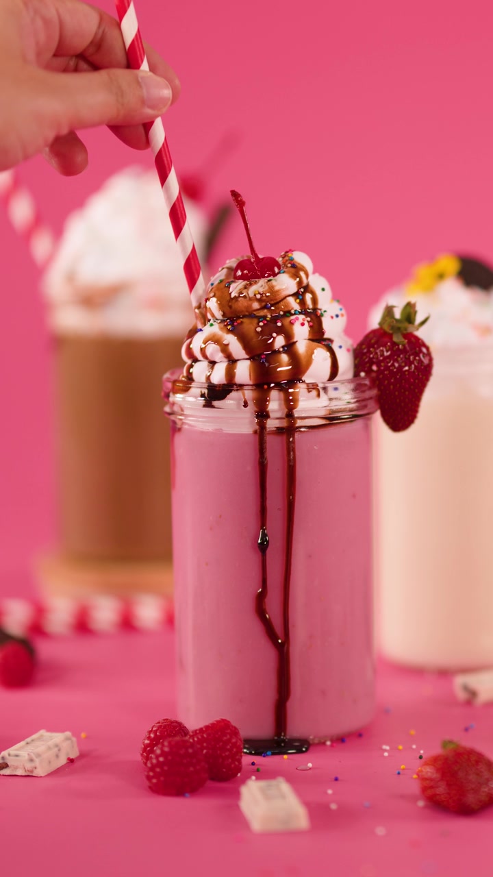 Una mano inserisce una cannuccia a strisce in un milkshake rosa alla fragola guarnito con panna montata, cioccolato e frutta