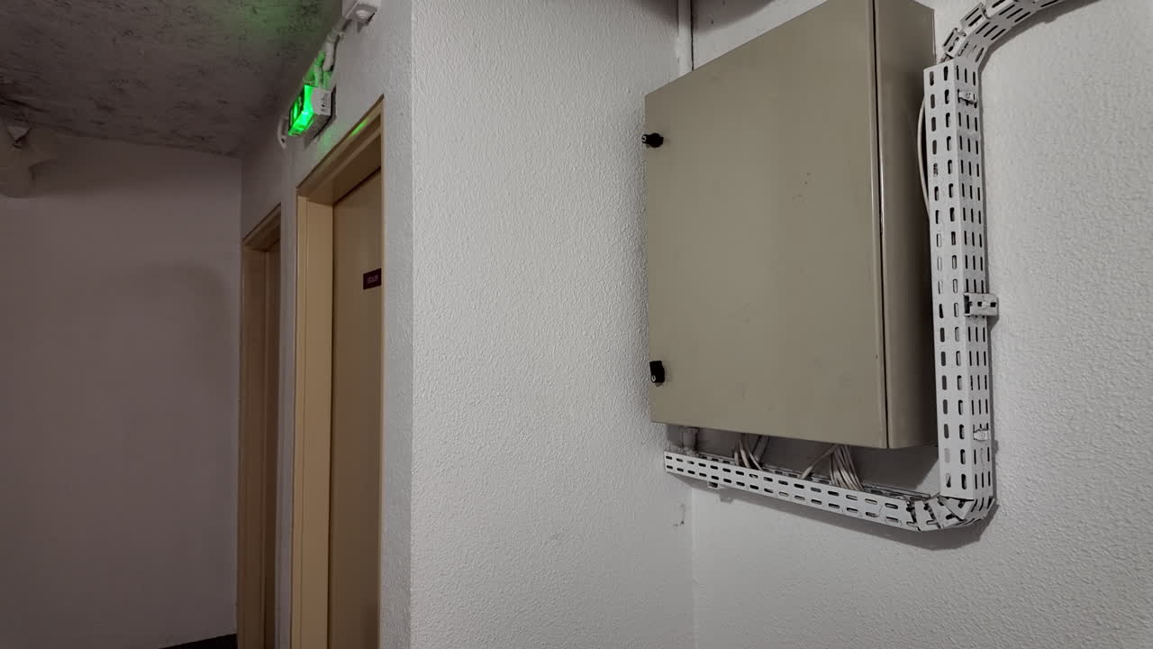 Wall-mounted Utility Box With Enclosed Cables On A Building Hallway Wall Near An Exit Door. - closeup shot