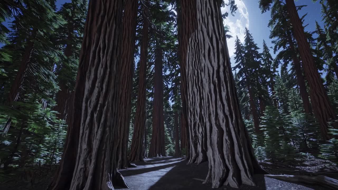 Un video riprende alberi imponenti da un'angolazione bassa, enfatizzandone l'altezza.