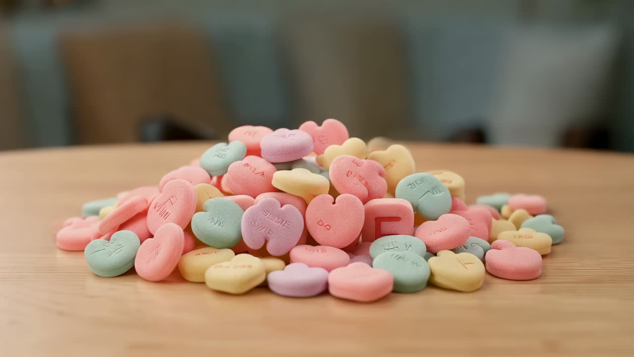 Mão entrando e pairando acima de balas de coração pastel, empurrando e colocando blocos de AMOR na mesa da cozinha