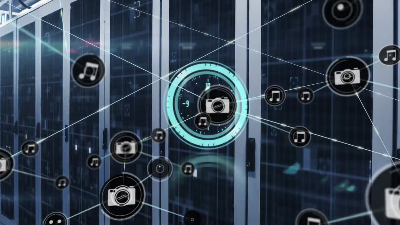 animación de la red de conexión con iconos sobre la sala del servidor