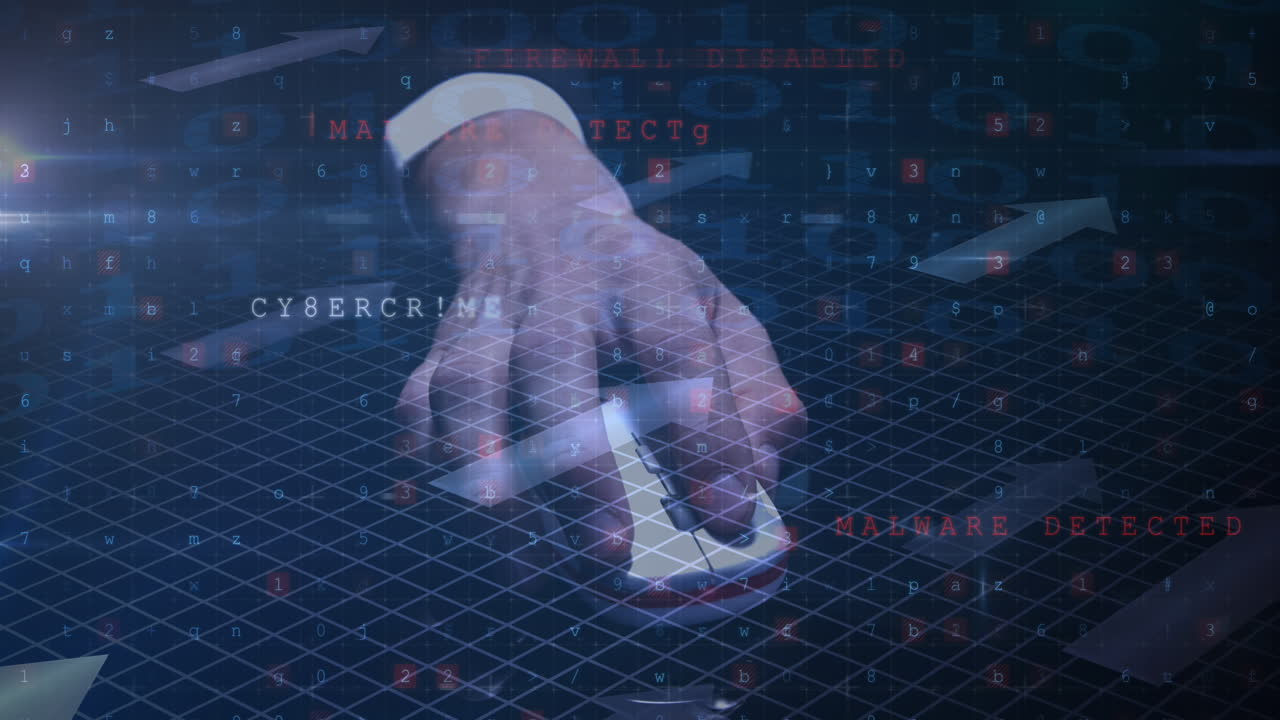 animación del texto de advertencia de ataque cibernético sobre el hombre usando el ratón