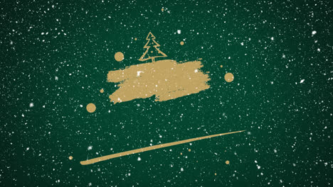 animation of christmas decoration with copy space and snow falling on green background