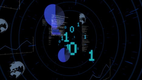 digital data and binary code animation over rotating radar screen with world map