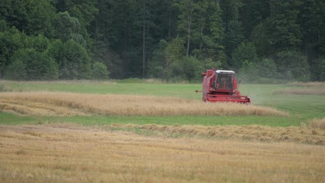 Máquina-Cosechadora-De-Tractor-Rojo-Que-Trabaja-En-El-Concepto-De-Inflación-De-Crisis-Alimentaria-De-Campo-Orgánico-De-Trigo-De-Grano