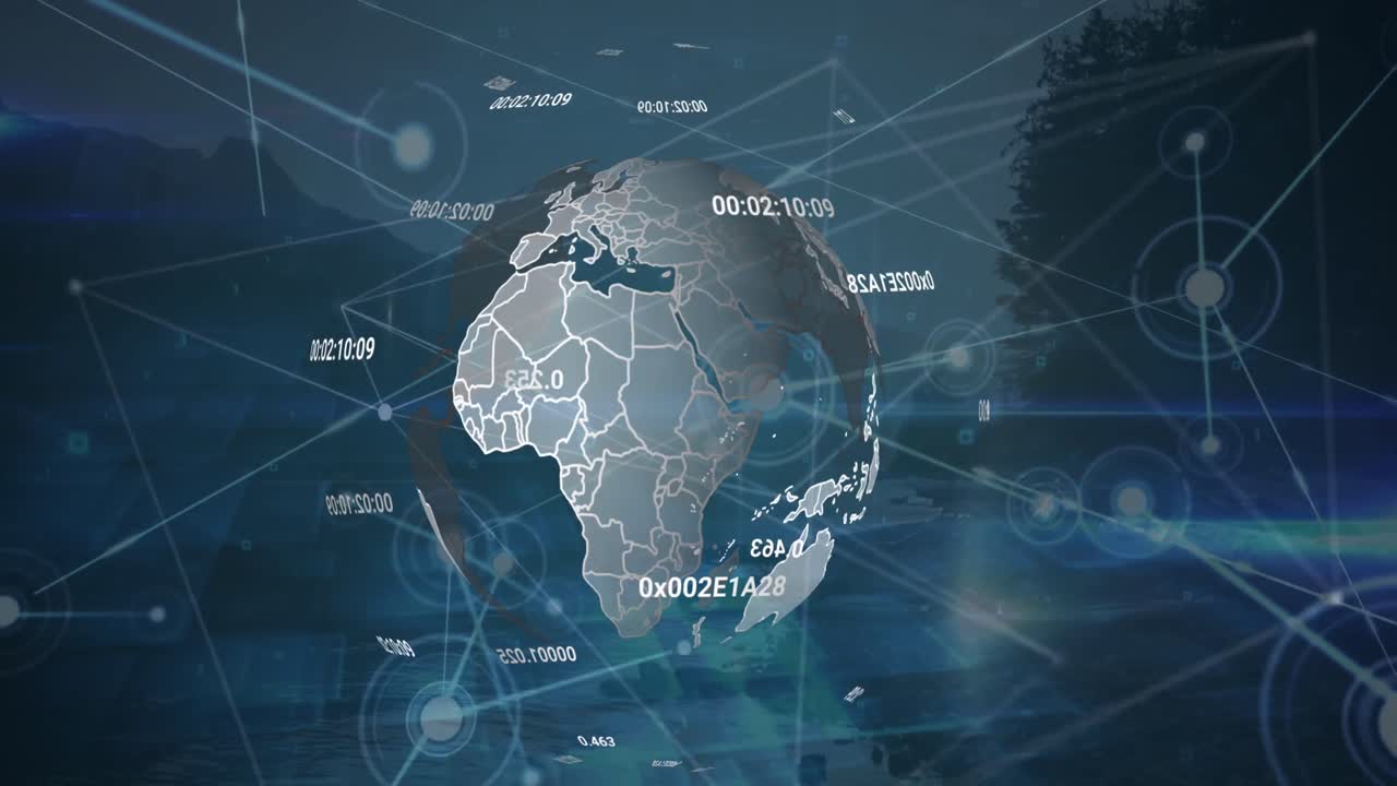 Animation of network of connections and changing numbers over spinning globe against landscape
