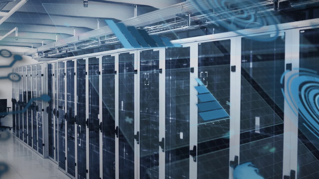 Data processing animation over rows of servers in modern data center