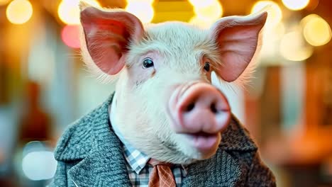 a pig wearing a suit and tie sitting at a table