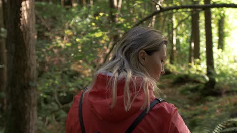 Attractive-woman-walking-through-lush-forest-sunlight