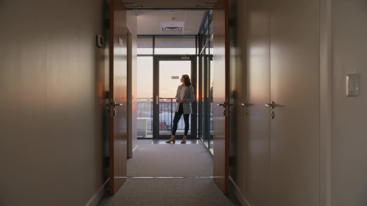 Standing woman wearing blazer watching corridor, sunset light drawing her to glass door railing