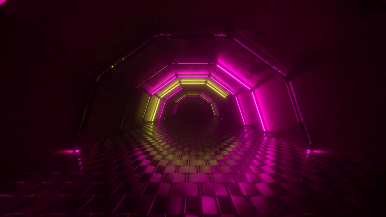 vuelo a través de corredor hexagonal, túnel brillante, luz de neón amarillo rosa, fondo abstracto, estilo retro de los 80, escenario de música pop, podio de moda. bucle sin costuras 3d render