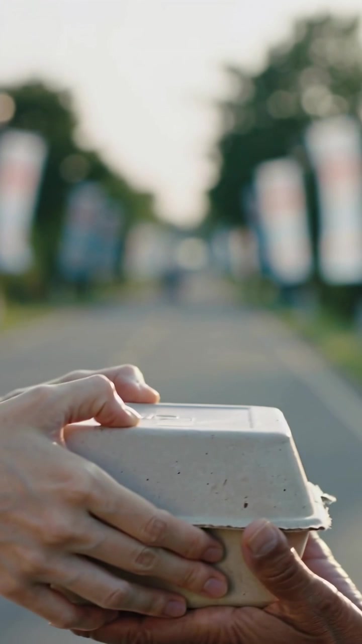 Vertical video: Handing car server offering food box after stop roadside, man in dark cap receiving