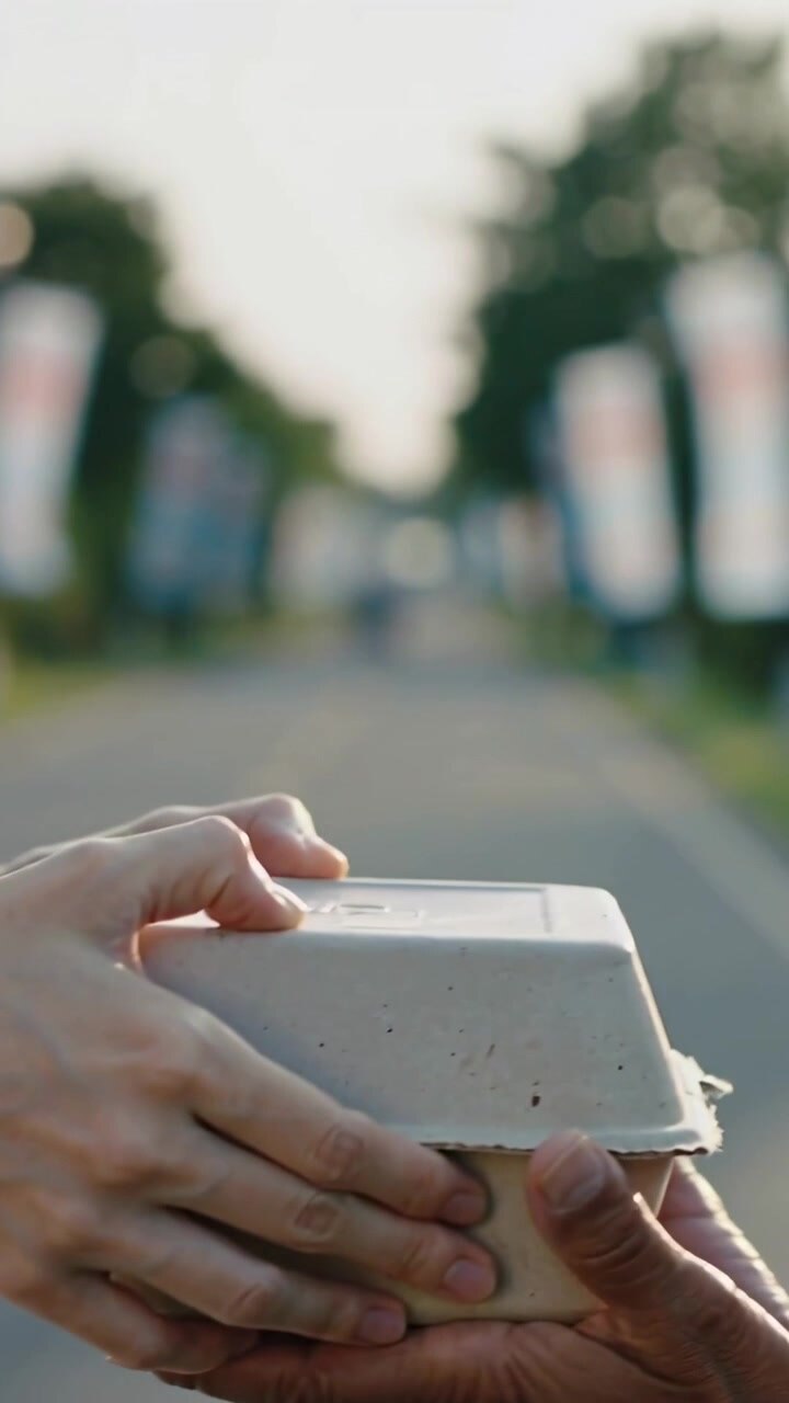 Vertical video: Handing car server offering food box after stop roadside, man in dark cap receiving