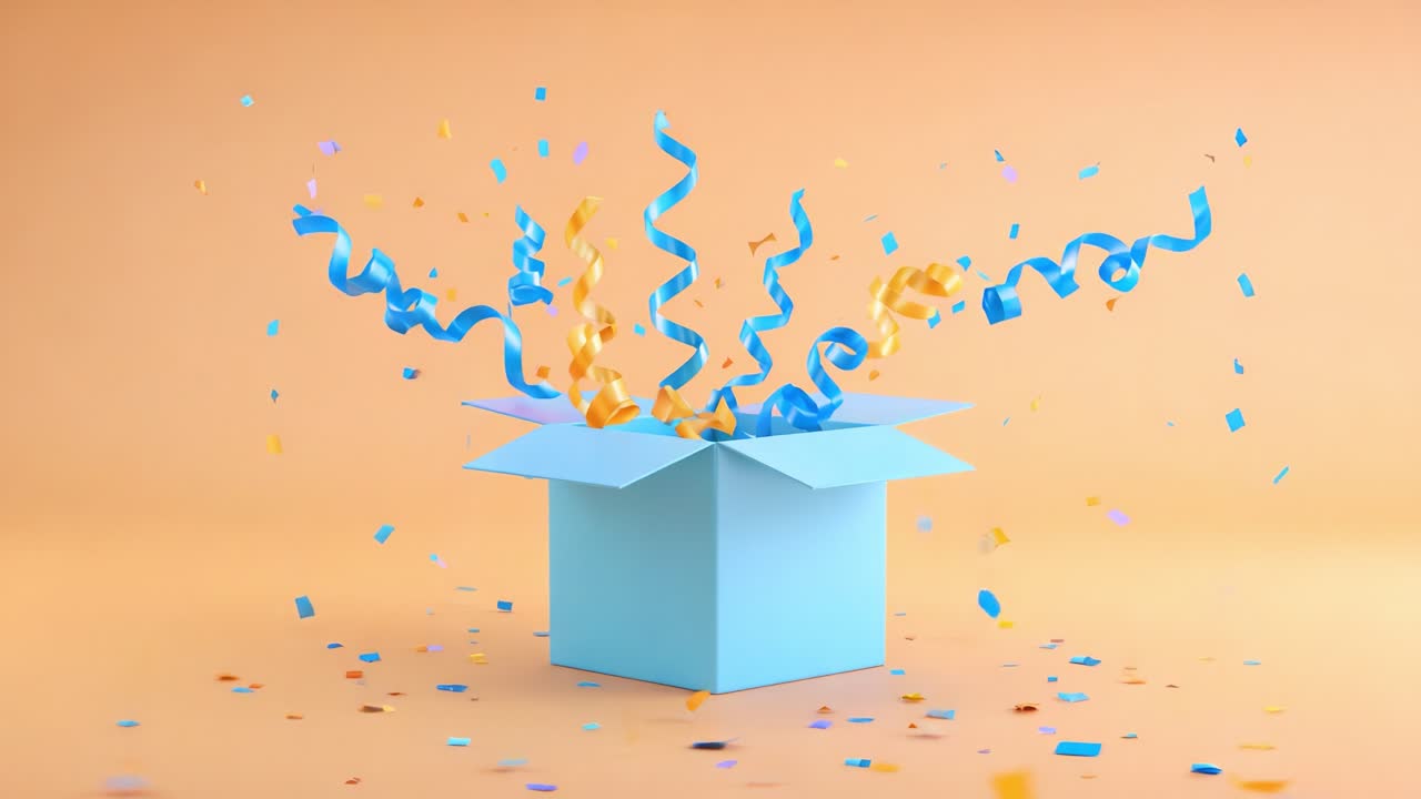 A Vibrant Celebration of Surprise and Joy as an Open Blue Box Erupts with Colorful Confetti and Streamers, Creating a Festive Atmosphere Full of Excitement and Delight
