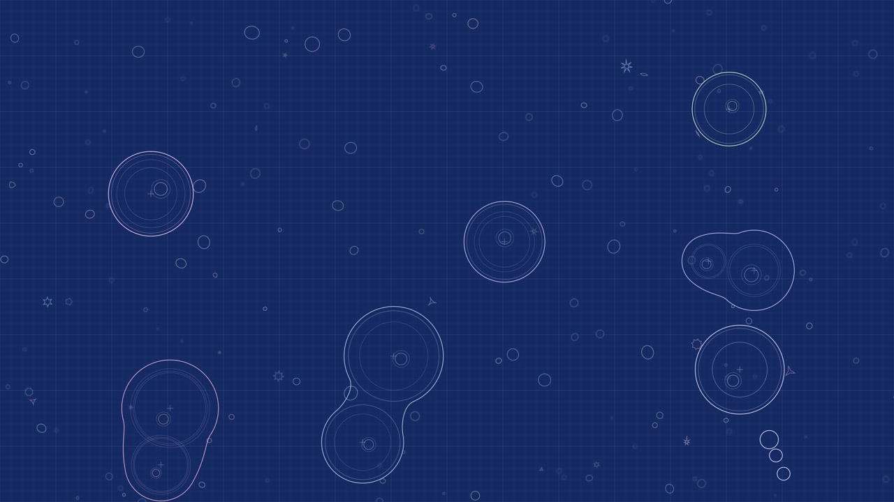 Blueprint style animation of abstract cells dividing and merging on a grid, futuristic blue digital background features technical lines and concentric circular patterns, loopable animation