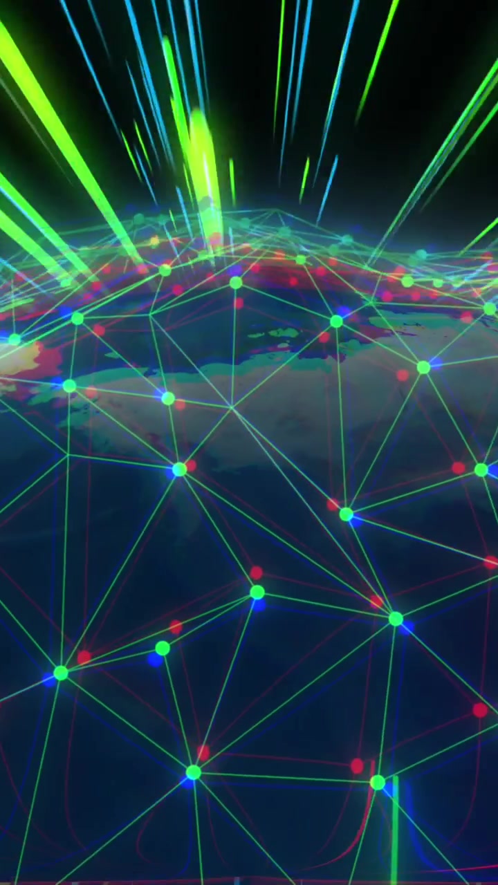 Animazione di rete di connessioni con globo su scie luminose al neon verdi e blu