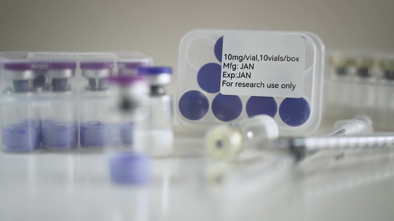 Rack Focus Between Vial with Syringe and Research Use Only Case [Peptide Concept]