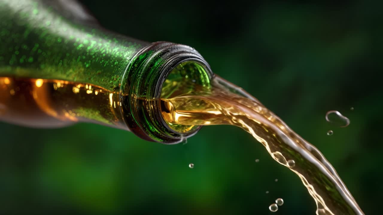 Bevanda rinfrescante versata da una bottiglia di vetro verde con liquido frizzante che schizza, catturando l'essenza della dissetazione e del piacere in ogni goccia.
