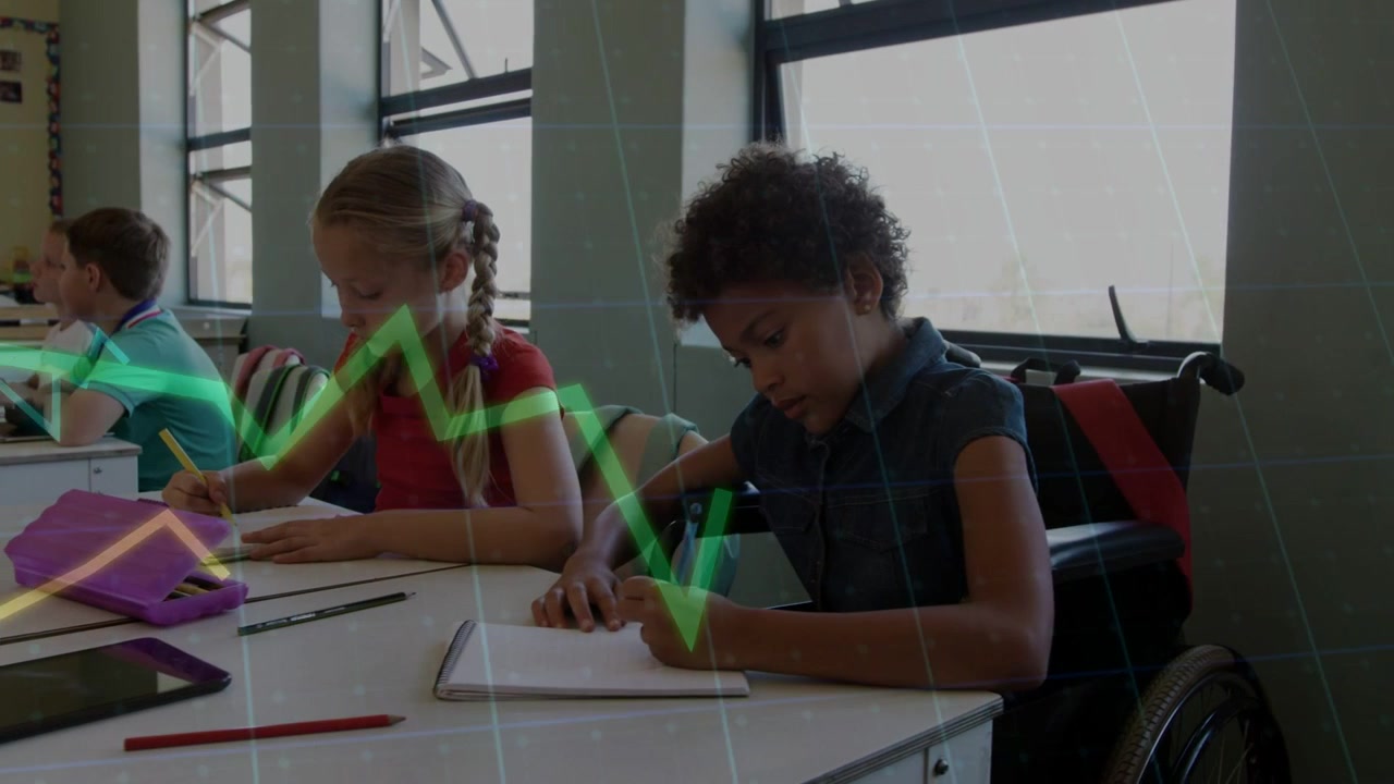 Zigzag overlay entering while wheelchair child doing classwork and peers writing, hiding hands