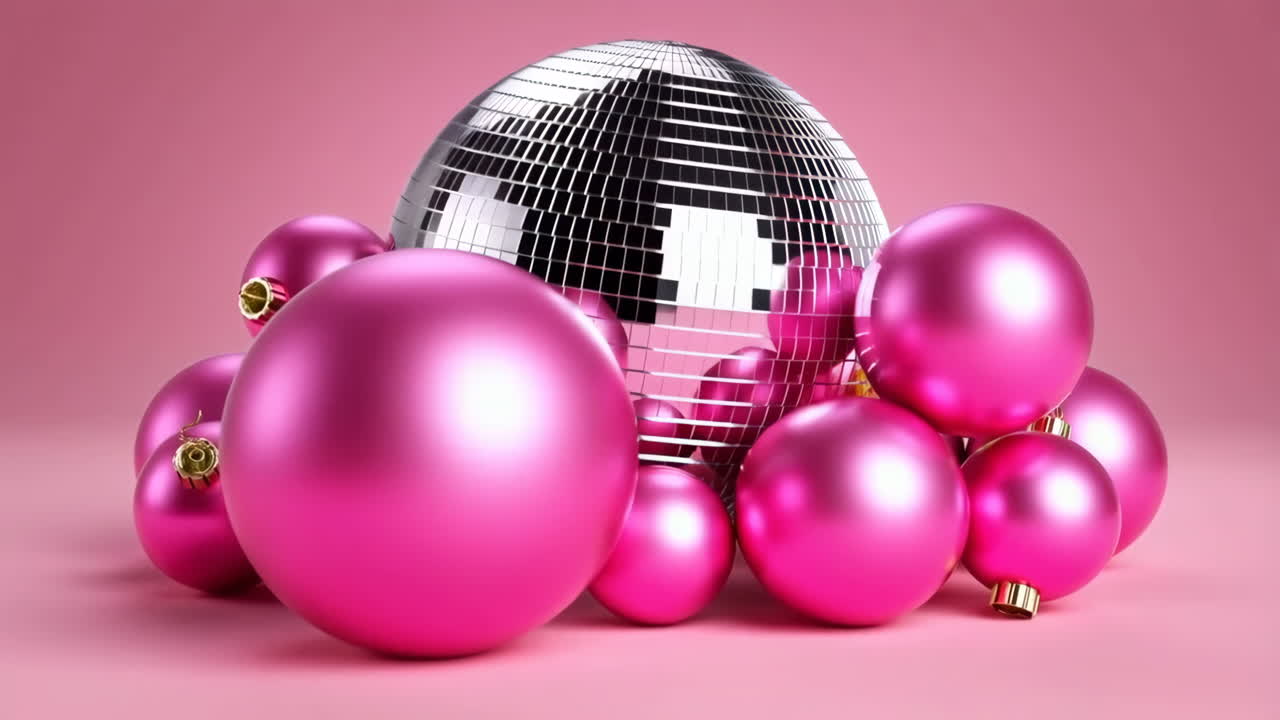 Pink Ornaments and Disco Ball on Pink Background