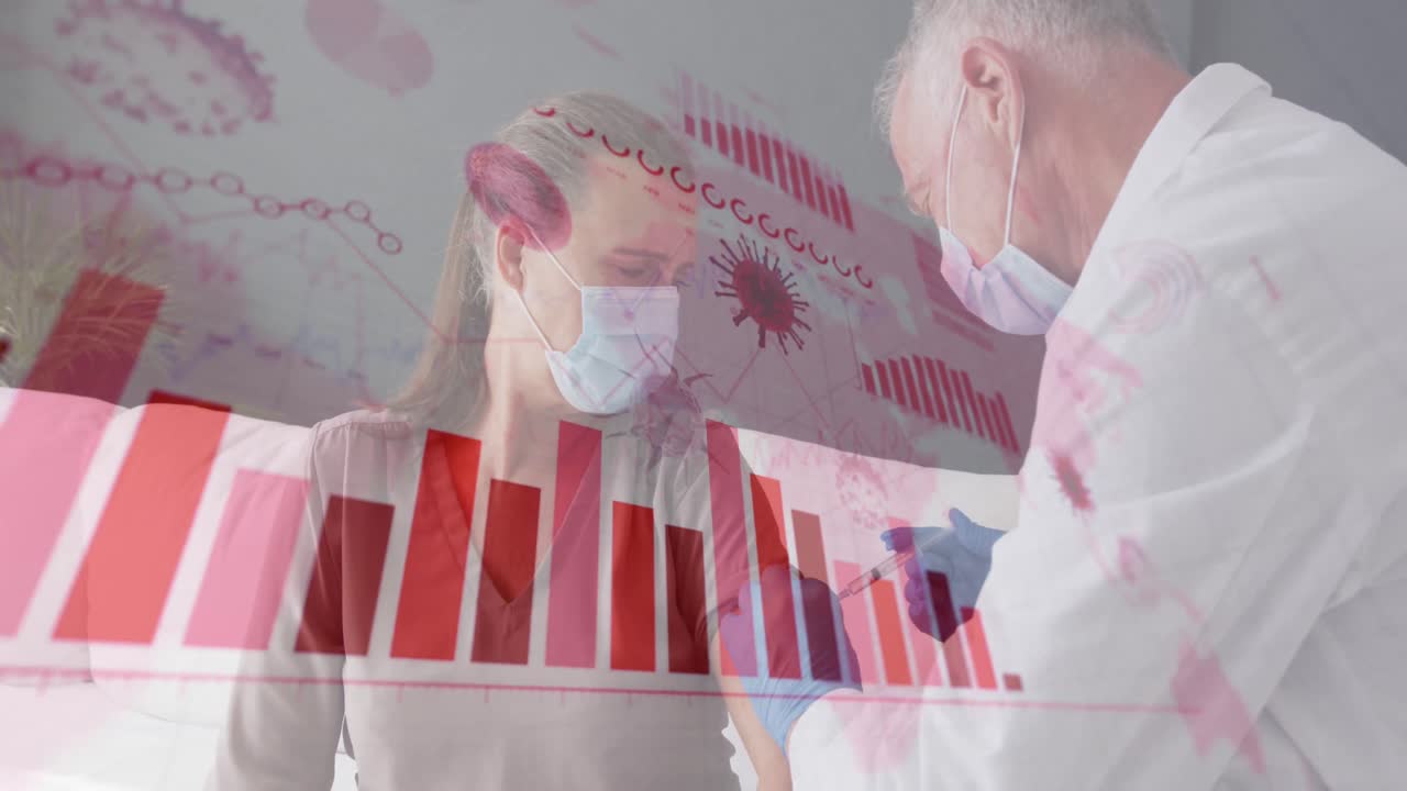 백인 의사와 환자가 얼굴 마스크를 착용하는 의료 데이터 처리의 애니메이션