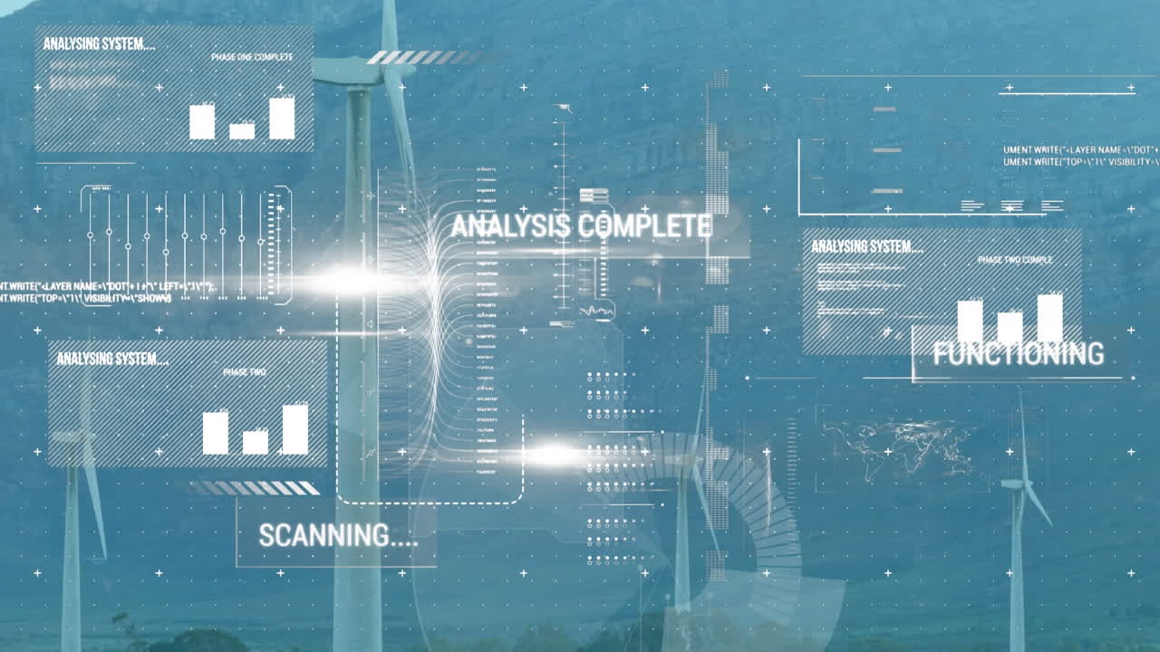 Animation of interface with data processing over windmill on grassland against blue sky