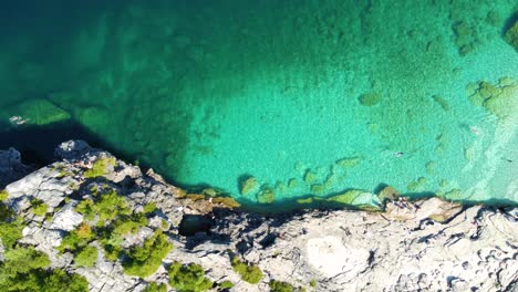 People-on-Vacation-Swimming-and-Jumping-into-Clear-Water-near-Rocky-Beach-in-Georgian-Bay,-Ontario,-Canada