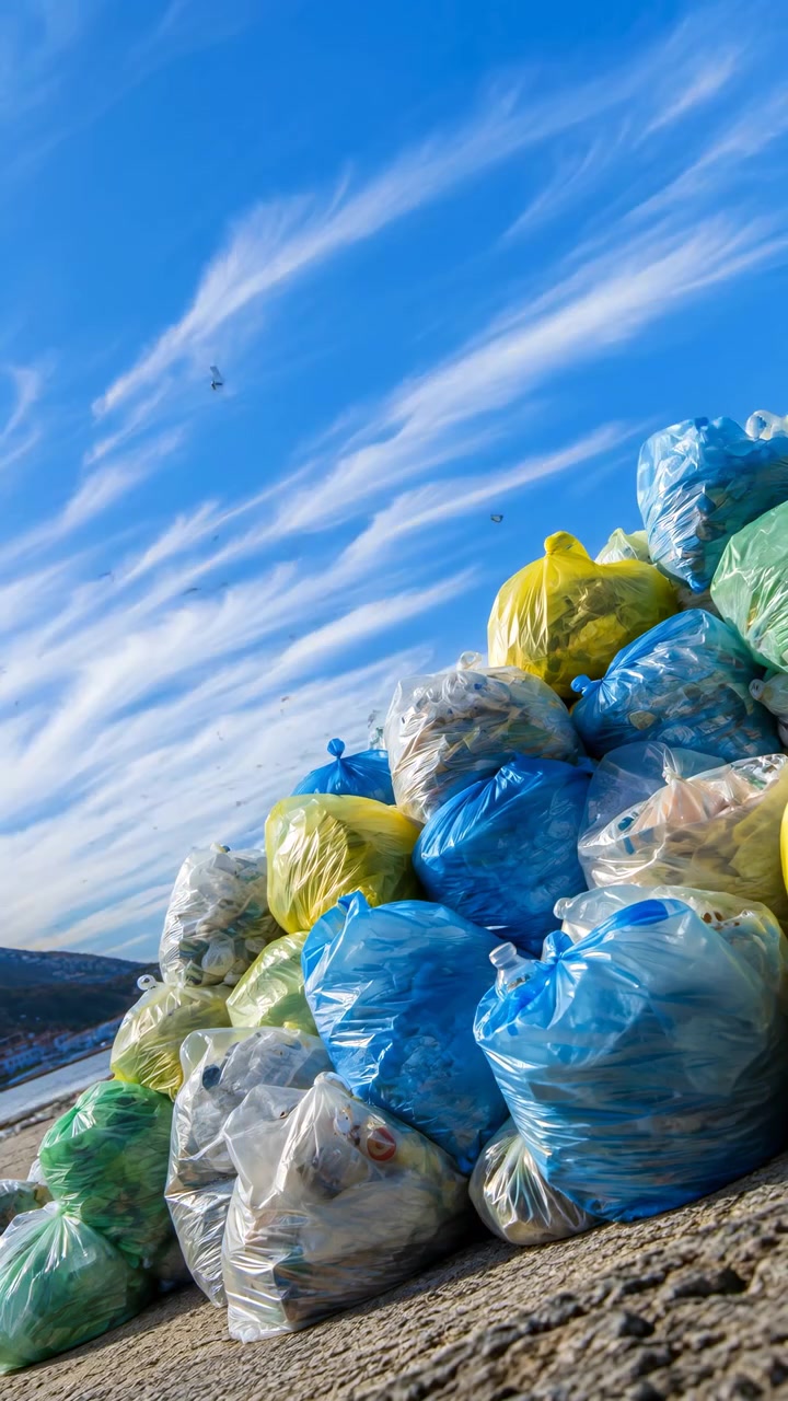 Un cumulo di sacchetti di plastica assortiti poggia su un terreno esterno accidentato, mentre la luce solare evidenzia le superfici stropicciate, i colori vari, le texture stratificate, il cielo aperto e il paesaggio distante in una chiara composizione diurna.