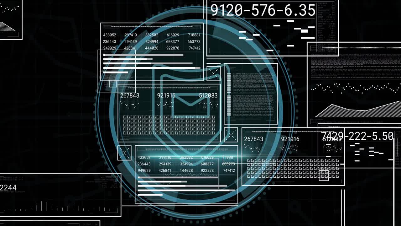Animation of digital interface with data processing over black background