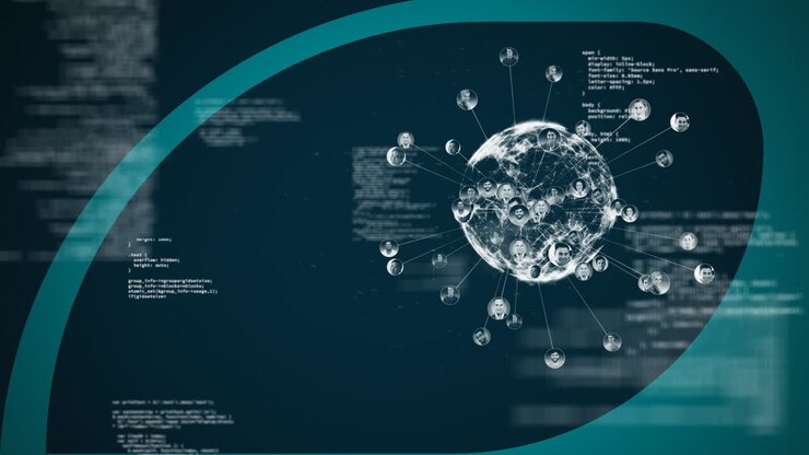 Animation of financial data processing and globe on blue background