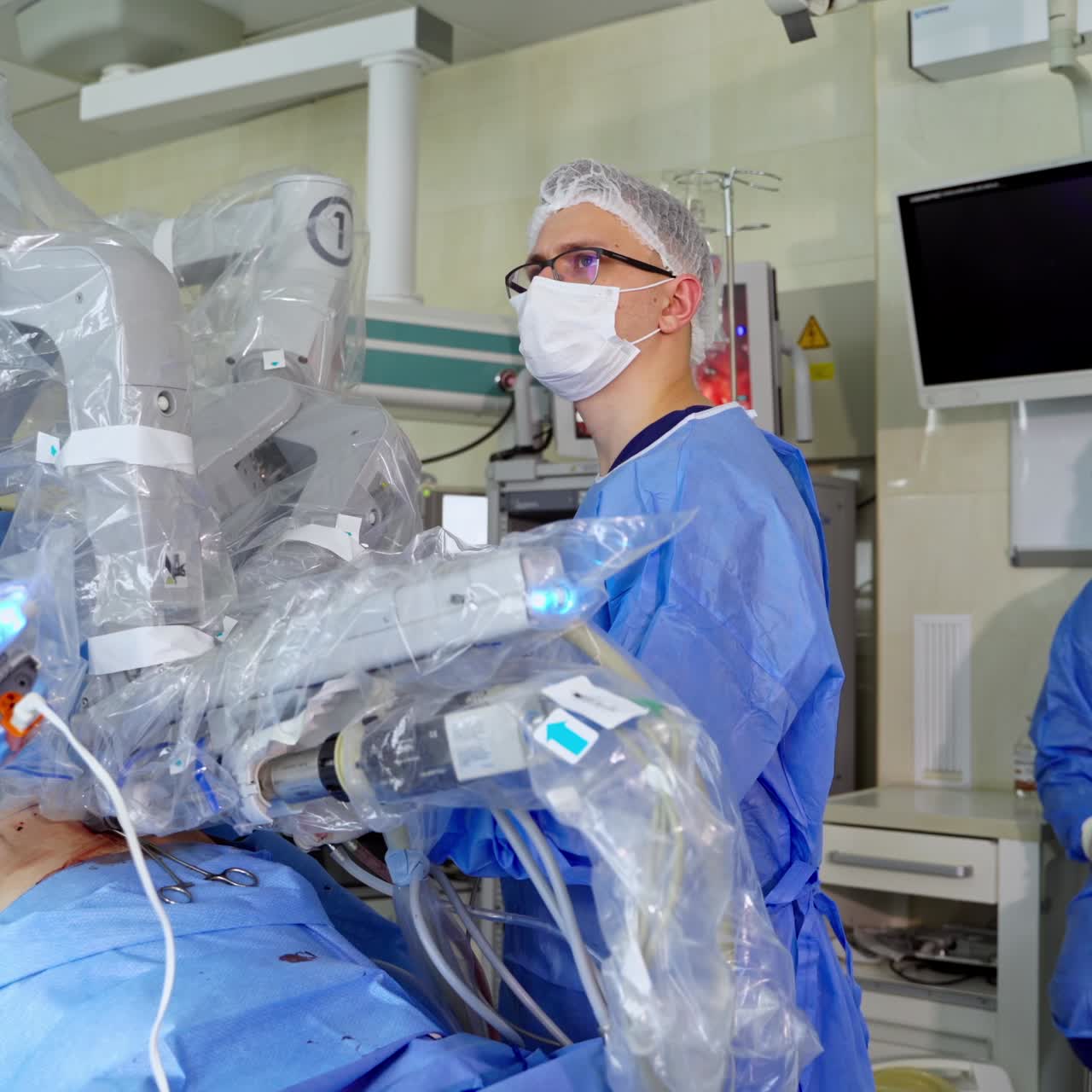 Robotic surgery for neurosurgery. Automation robot hand machine in operating room