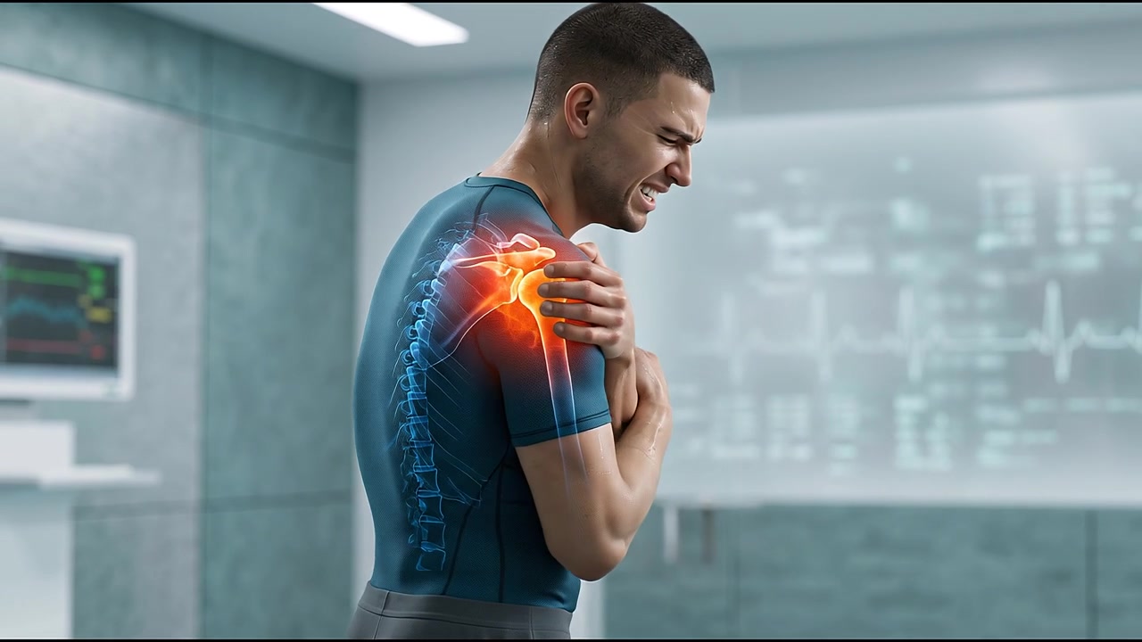 Homem tocando músculos doloridos da parte superior das costas com efeito de inflamação destacado contra um fundo desfocado de cidade moderna