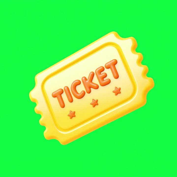 Animated Yellow Ticket with Text and Stars Rotating on Green Screen