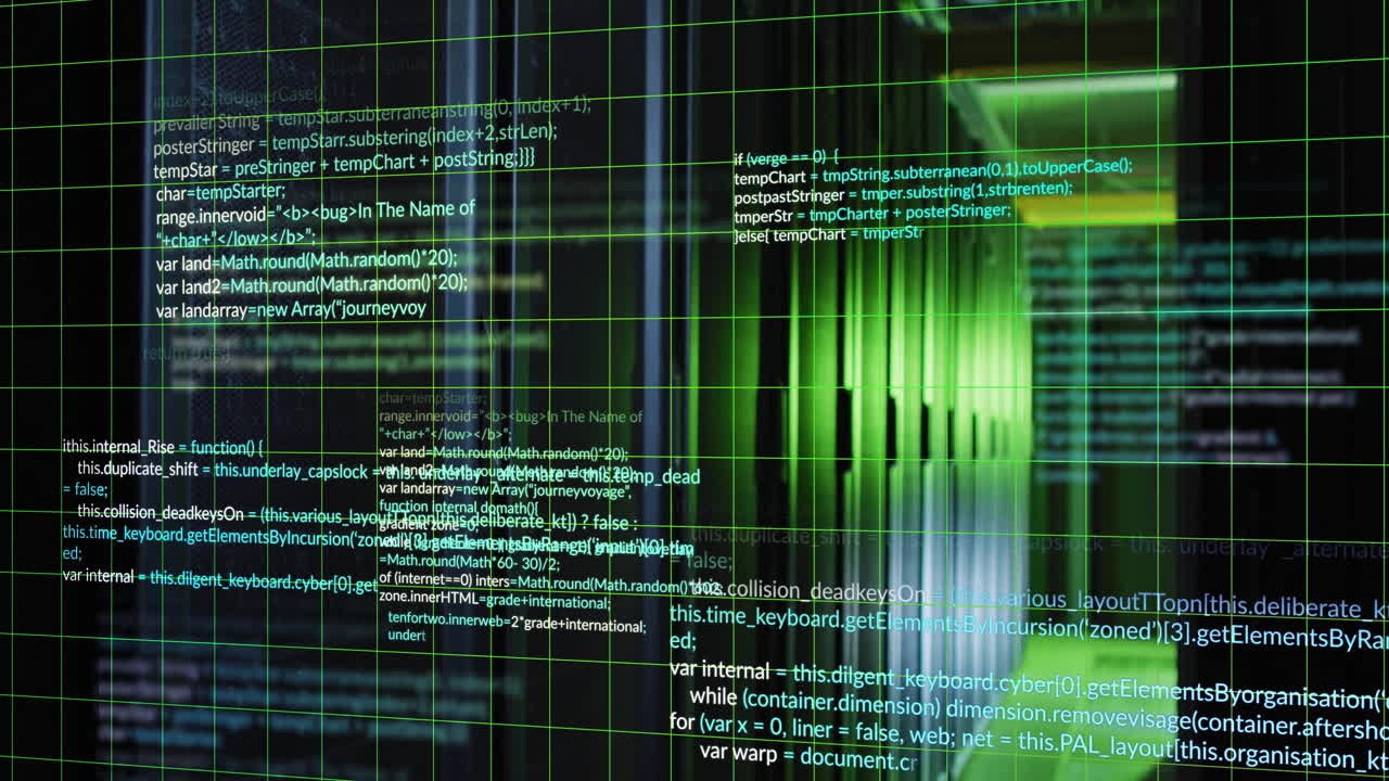 Computer code and data processing animation over green and black grid background