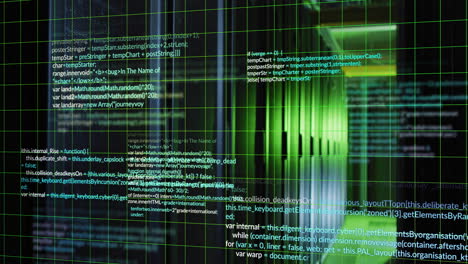 código informático y animación de procesamiento de datos sobre un fondo de cuadrícula verde y negra