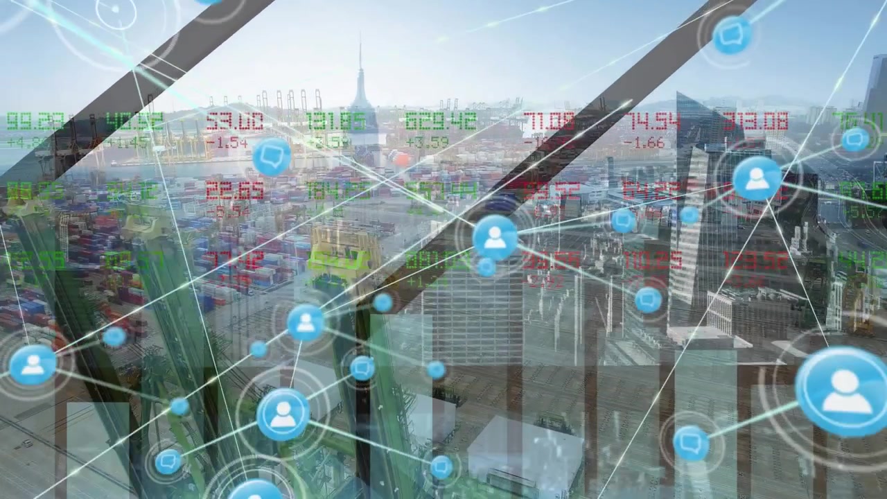 都市の景観上に広がるネットワーク接続を介した金融データ処理のアニメーション。