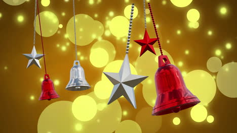 animation of christmas baubles over light spots on orange background