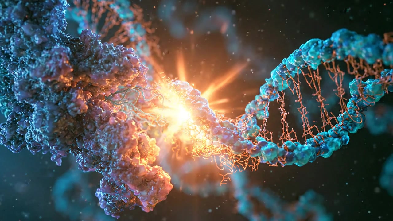 Molecole di DNA luminose con particelle colorate nella visualizzazione molecolare