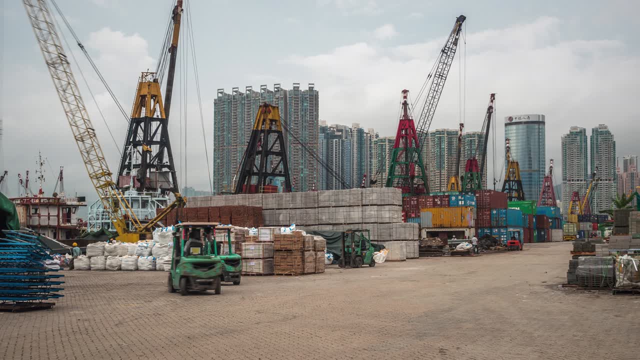 Timelapse View of Workers at Container Port in Hong Kong, China, One of the Busiest Ports in the World