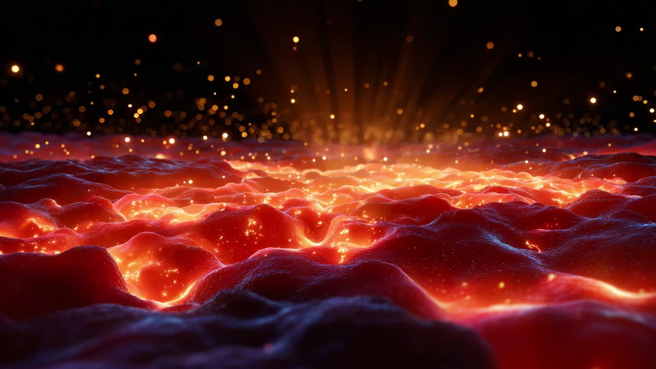A mesmerizing view of molten lava flowing across a rugged terrain, illuminated by radiant sparks and shimmering light beams, creating a breathtaking display of nature's raw energy and beauty